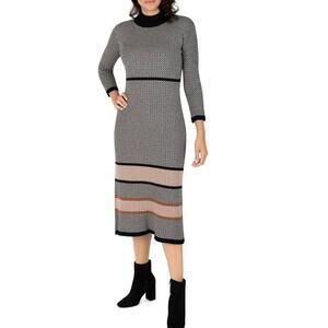 Robbie Bee Midi Sheath Sweater Dress 3/4 sleeve Ruffle Trim Multicolored LG